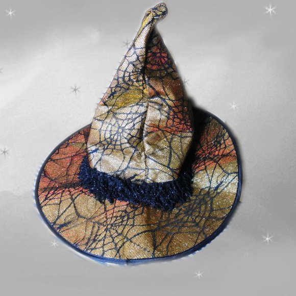 Couture Glamour Witch Hat for Costume, Gold Lame, Spider Web Lace, Feather - Picture 5 of 11